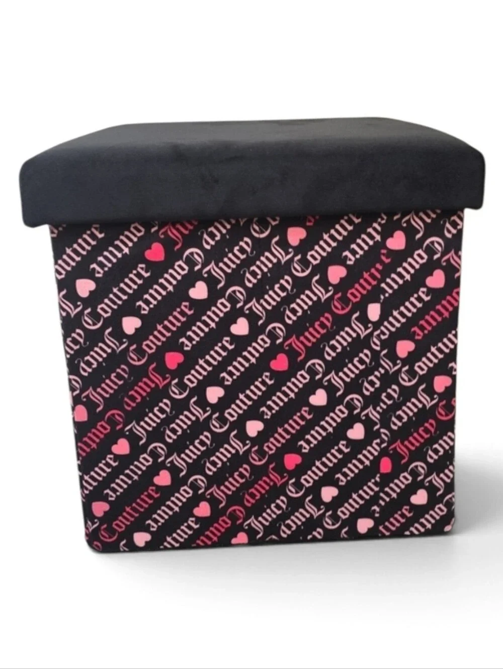Juicy Couture Black Storage Ottoman with Pink Heart Logo Pattern